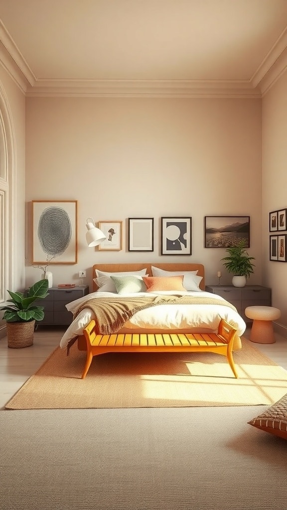 Stylish beige bedroom featuring a unique orange bed, artwork on the walls, and natural elements.