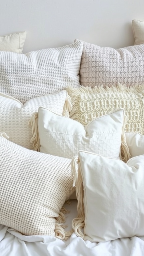 A collection of textured white throw pillows in various styles and materials.
