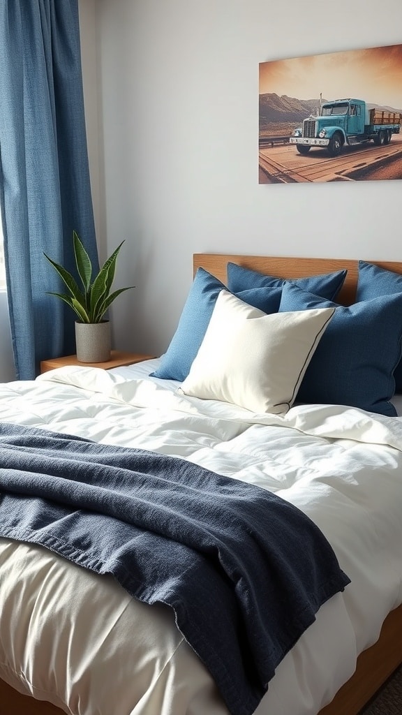 A cozy bedroom featuring denim-inspired textiles with blue pillows and a throw blanket.