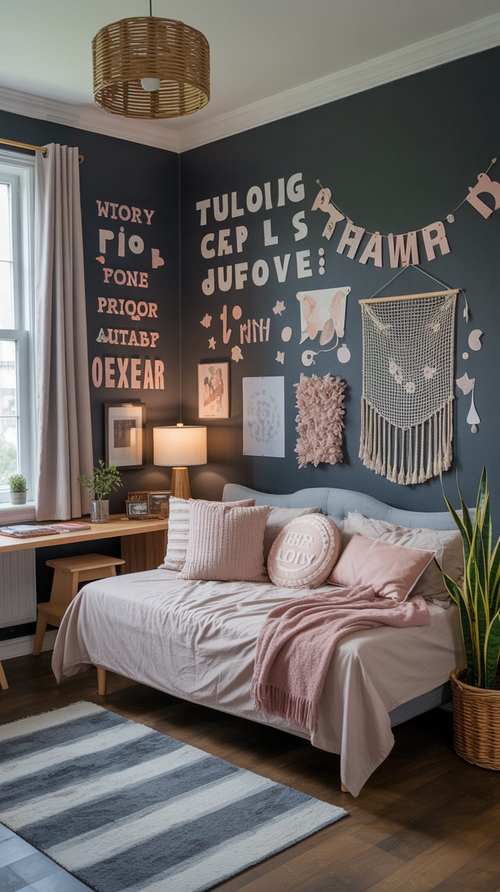 A cozy boho-style dorm room with charcoal gray walls, personalized decor, and soft pink bedding.
