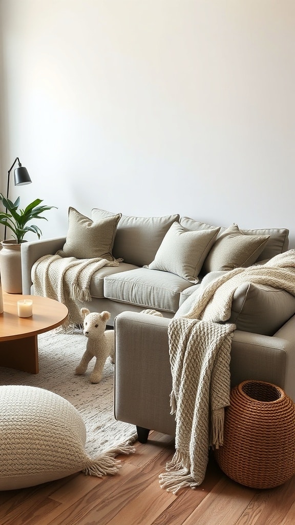A cozy greige living room featuring a soft sofa with pillows and throws, a wooden coffee table, a woven basket, and a cute stuffed animal.