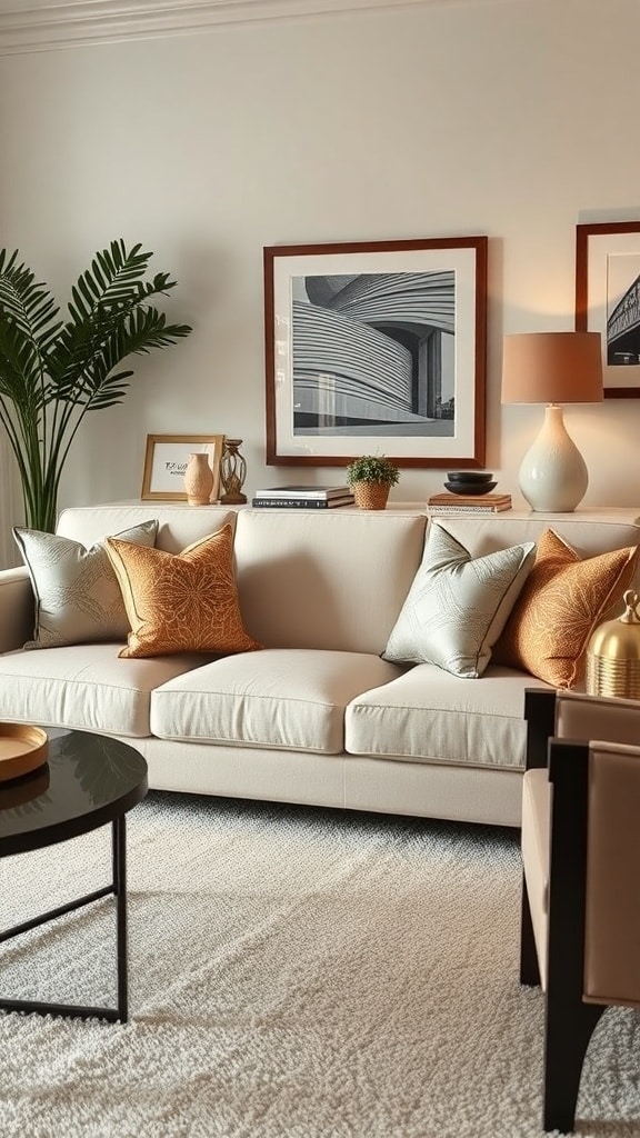 A stylish cream sofa with decorative pillows, a coffee table, and wall art in a cozy living room setting.