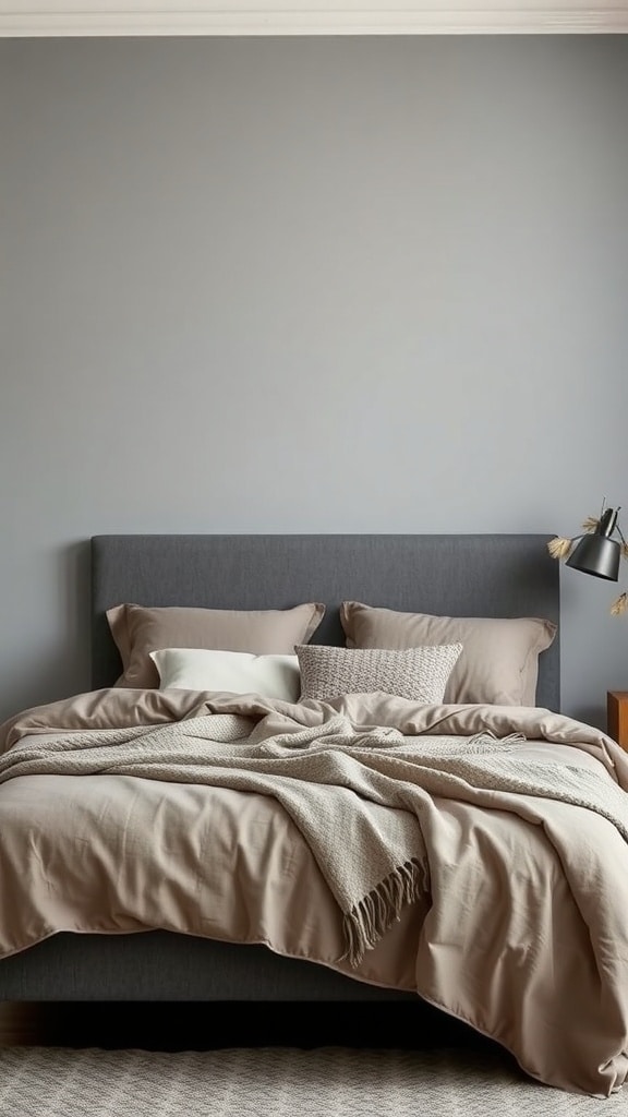 A cozy bedroom with layered textures, featuring a gray wall, a bed with neutral bedding, and a bedside lamp.