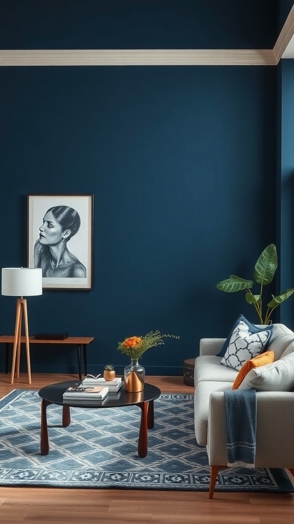 A living room with a navy blue accent wall, featuring a cozy sofa, decorative items, and artwork.
