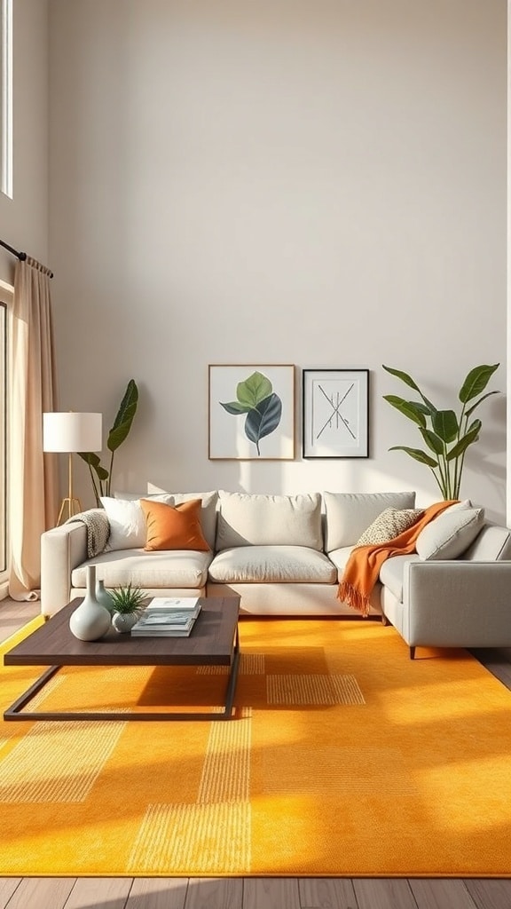 Living room featuring a mustard yellow area rug, light-colored sofas, and decorative plants.