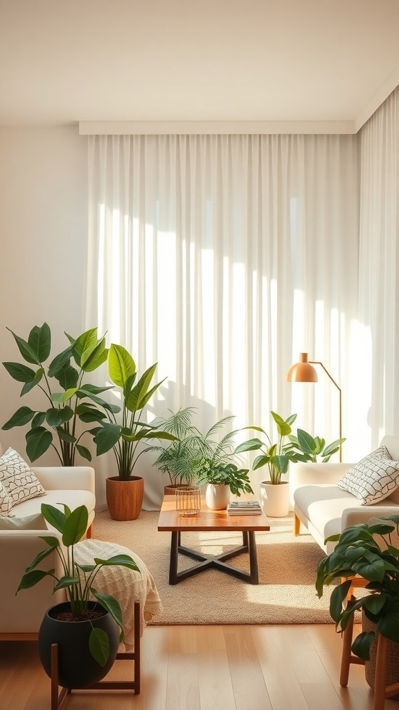A cream living room featuring lush greenery, soft sofas, and natural light.