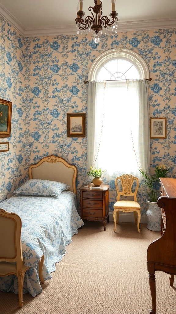 A cozy bedroom featuring vintage blue floral wallpaper, a bed with matching bedding, wooden furniture, and a chandelier.
