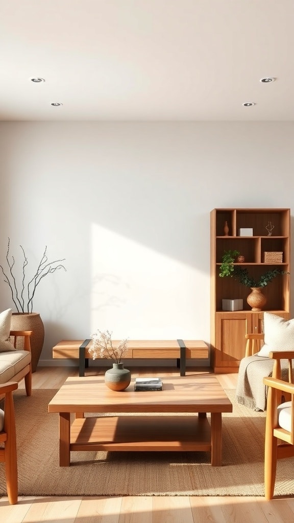 Minimalist living room featuring natural wood elements, including a coffee table and shelving unit, with a warm and inviting atmosphere.