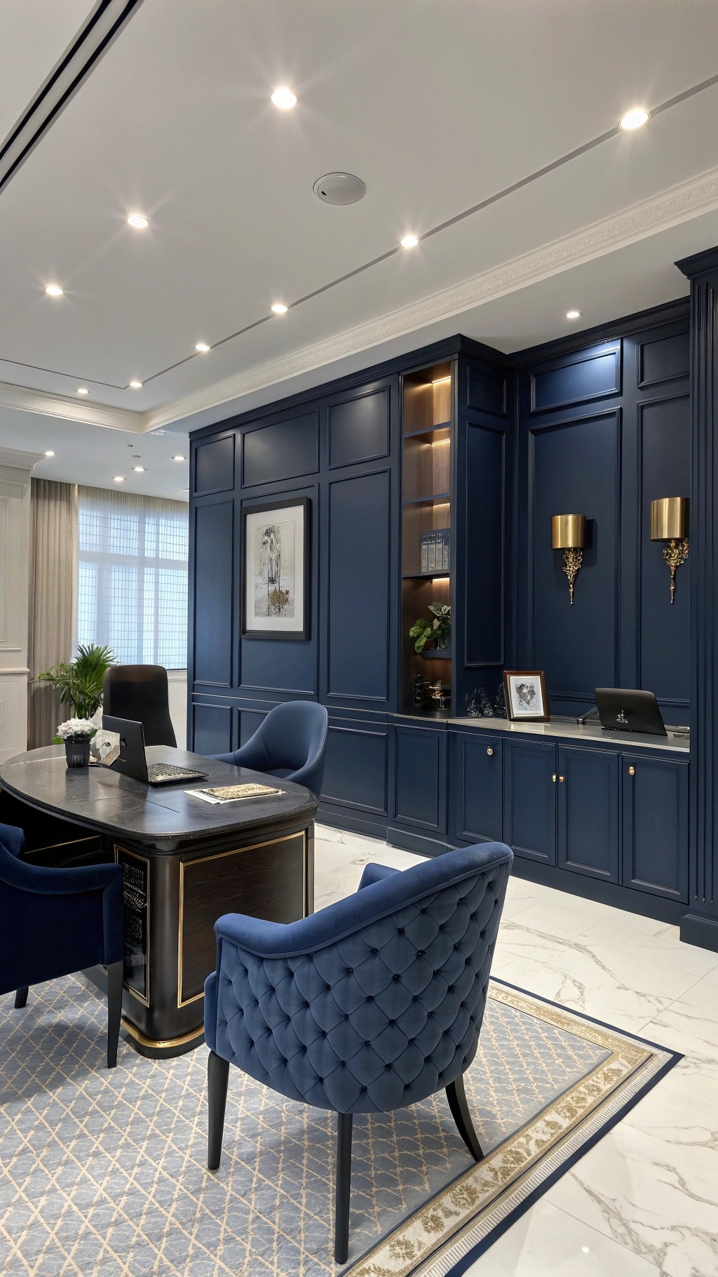 A stylish navy blue office with elegant furniture and natural light.