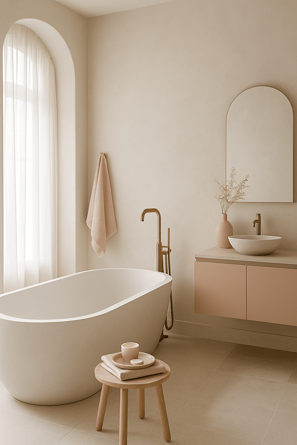 A cozy blush pink bathroom featuring a freestanding bathtub, neutral walls, and soft accents.
