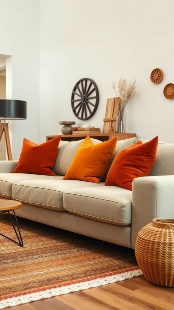 A cozy living room featuring a neutral sofa with burnt sienna pillows, a wooden coffee table, and a woven basket.