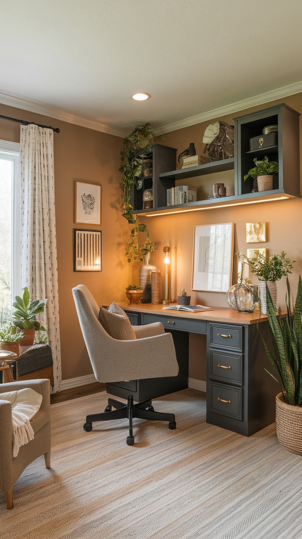 Cozy home office featuring Accessible Beige walls, charcoal desk, oak touches, and plants.