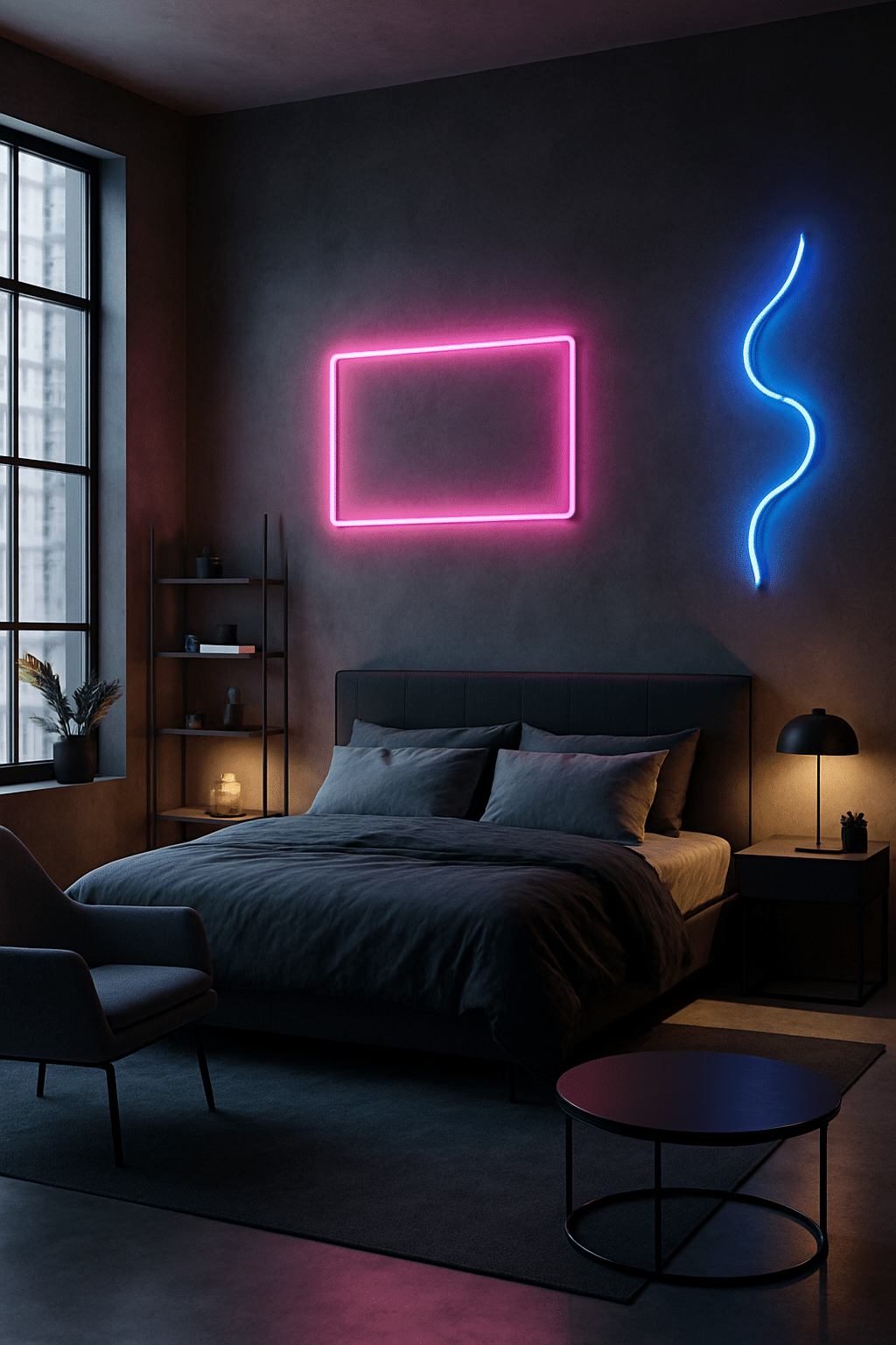 A modern bedroom featuring gray walls, a gray bed, and neon pink and blue lights on the wall.