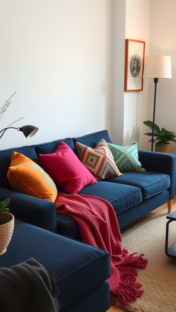 A navy blue sofa with colorful cushions and a cozy throw blanket.