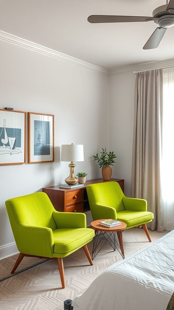 Bright green accent chairs in a mid-century bedroom setting