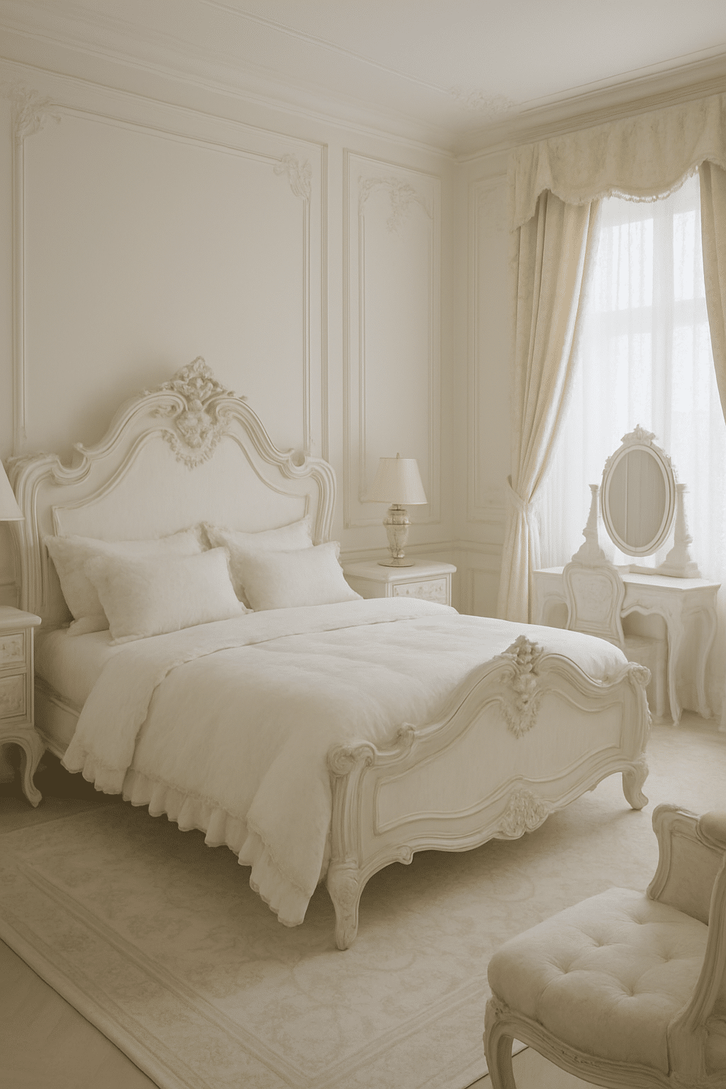 A Victorian-style white bedroom featuring an ornate headboard, plush bedding, and elegant decor.