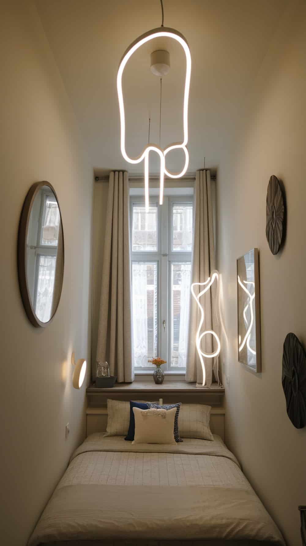 Cozy white reading nook with a daybed, pillows, books on a shelf, and a small plant.