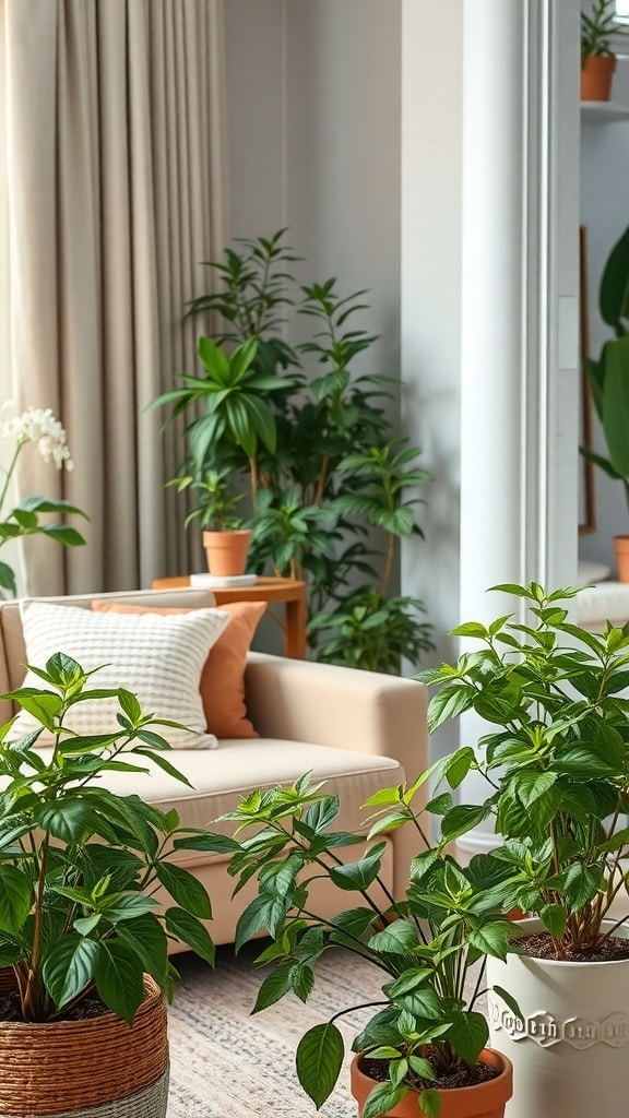 A cozy living room featuring various indoor plants with mint hues, a light-colored sofa, and decorative pillows.