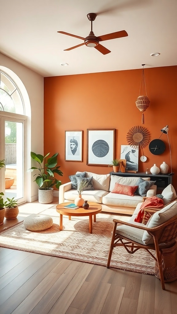 A living room with a warm terracotta accent wall, light furniture, plants, and decorative items.