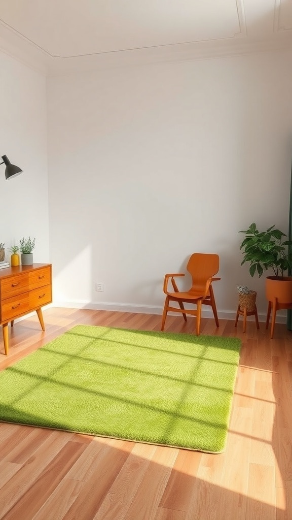 A bright green rug in a mid-century styled bedroom with wooden furniture and a plant.