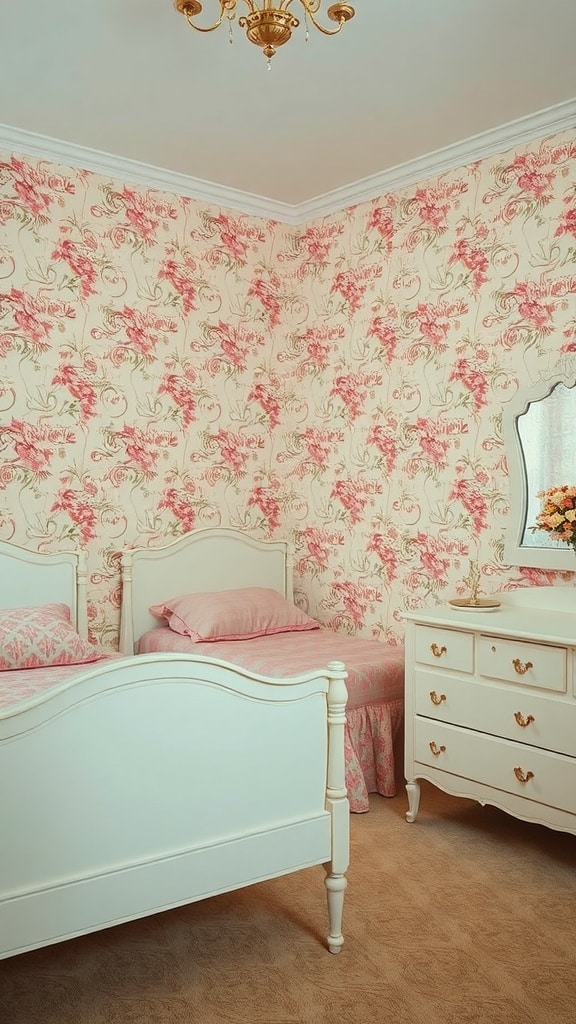A vintage pink bedroom featuring romantic floral wallpaper, white furniture, and soft pink bedding.