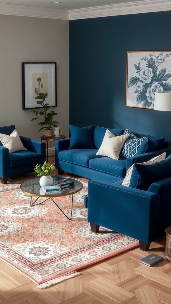 A navy blue living room featuring a navy sofa, accent chairs, a patterned rug, and floral artwork.
