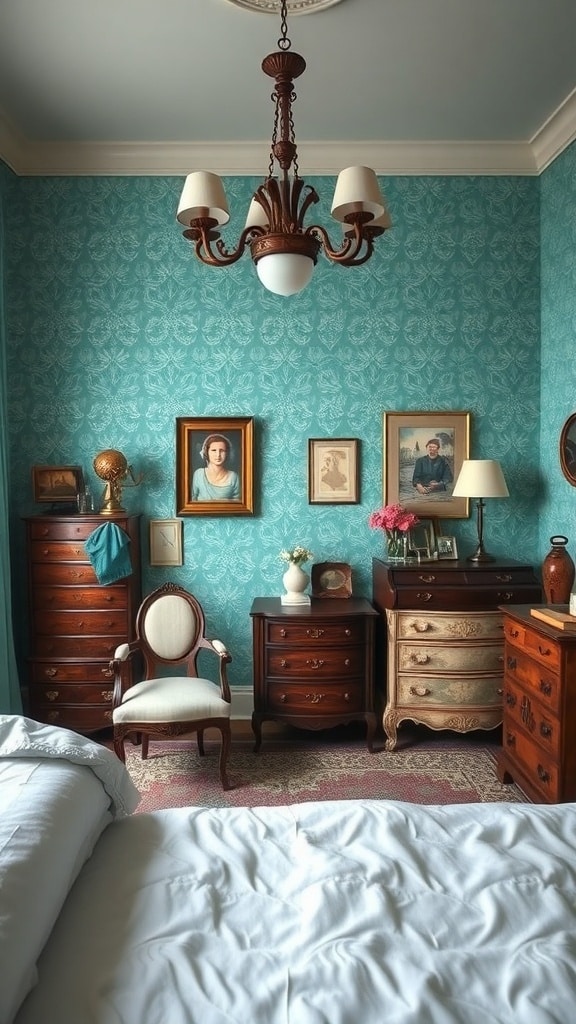 A vintage-style bedroom featuring teal wallpaper, wooden furniture, and framed portraits.