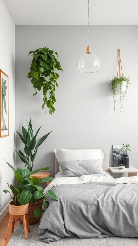 A neutral gray bedroom featuring plants, soft bedding, and a cozy atmosphere.