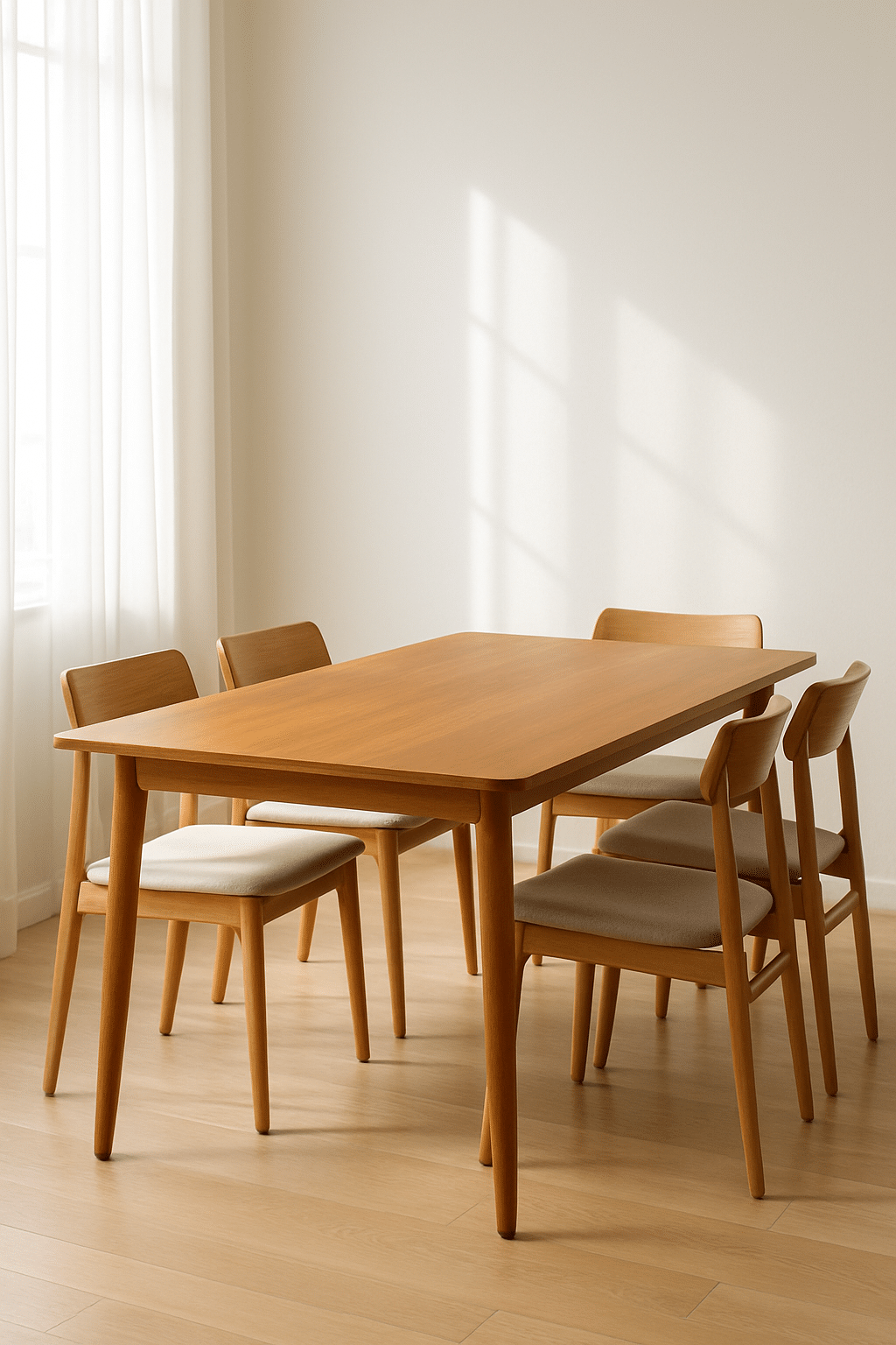 A simple wooden dining table with a caramel finish and four chairs in a bright room.