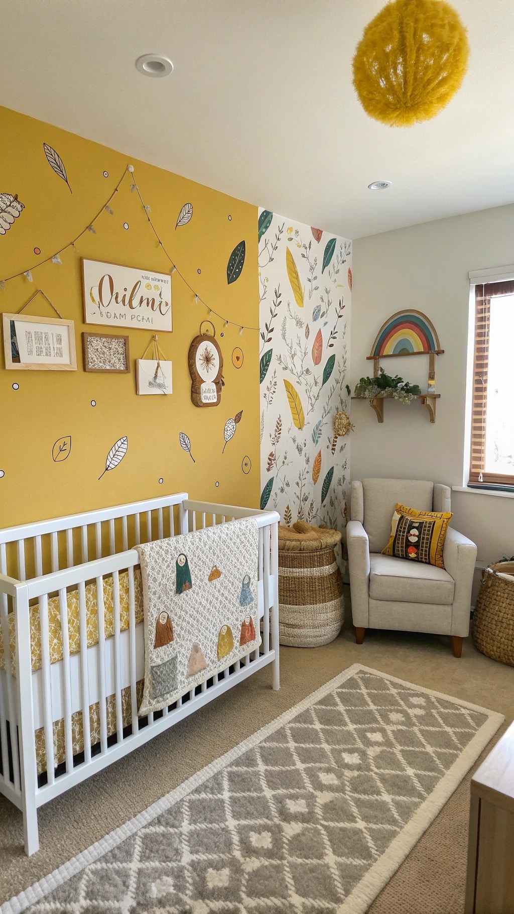 A nursery with a mustard yellow accent wall and playful leaf patterns on another wall, featuring a crib and cozy decor.