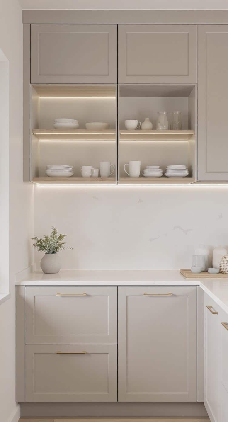 Minimalist greige kitchen with open shelving and under-shelf lighting