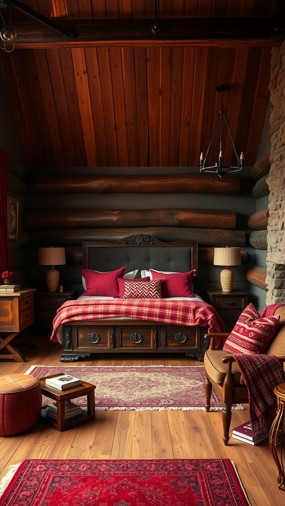 A rustic bedroom with burgundy decor, featuring wooden beams, log walls, and cozy bedding.