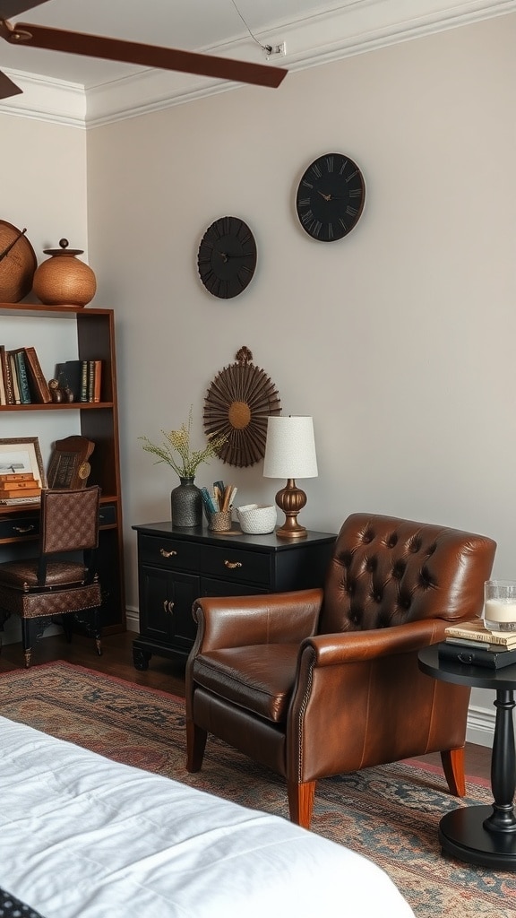 A cozy bedroom featuring a vintage leather armchair, wooden furniture, and decorative elements.