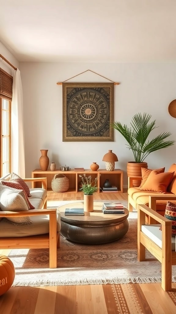 A cozy living room featuring natural wood furniture, terracotta accents, and a warm, inviting atmosphere.