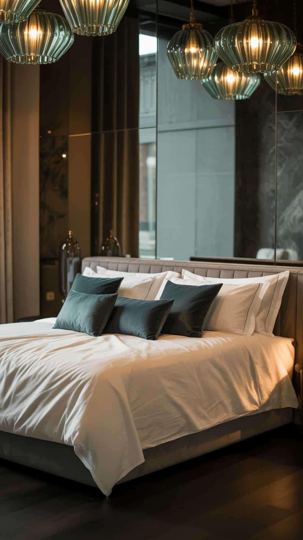 A cozy bedroom featuring various green lighting fixtures hanging from the ceiling, with a neatly made bed and soft decor.
