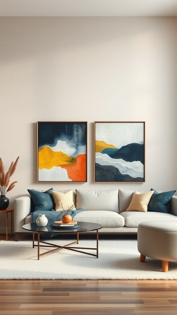 A stylish greige living room featuring abstract art, a cozy sofa, and a round coffee table.