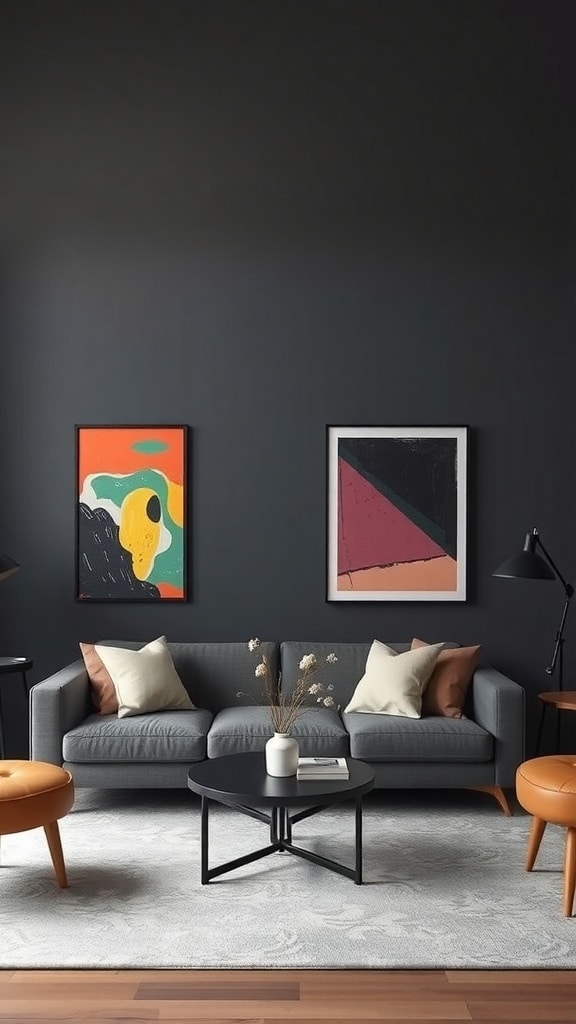 A living room featuring a charcoal gray accent wall with two pieces of bold art, a gray couch, and a black coffee table.
