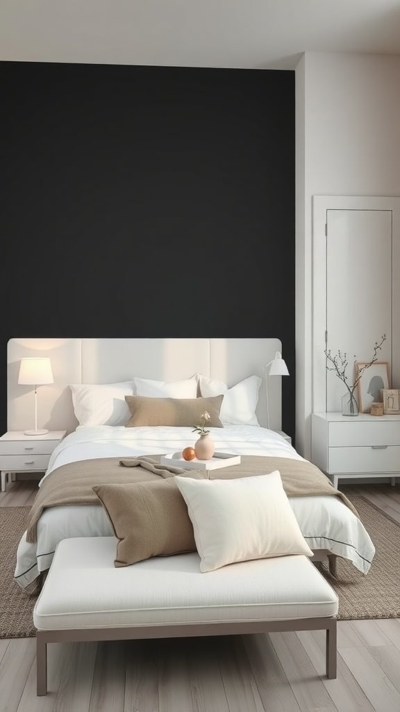 A minimalist bedroom featuring a bold black accent wall, white bedding, and light wooden flooring.