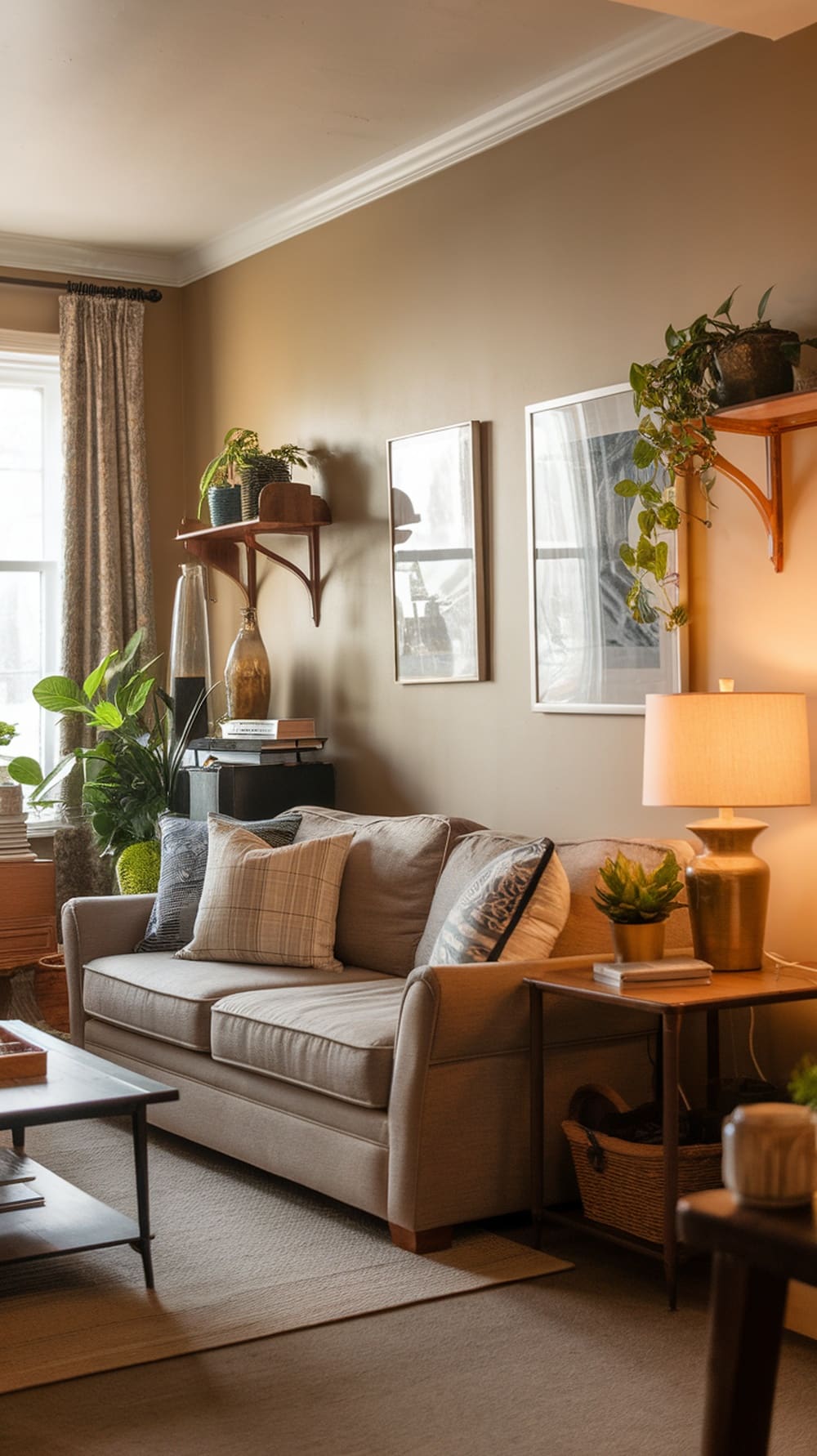Cozy living room featuring Accessible Beige walls, a comfortable sofa, and plants.