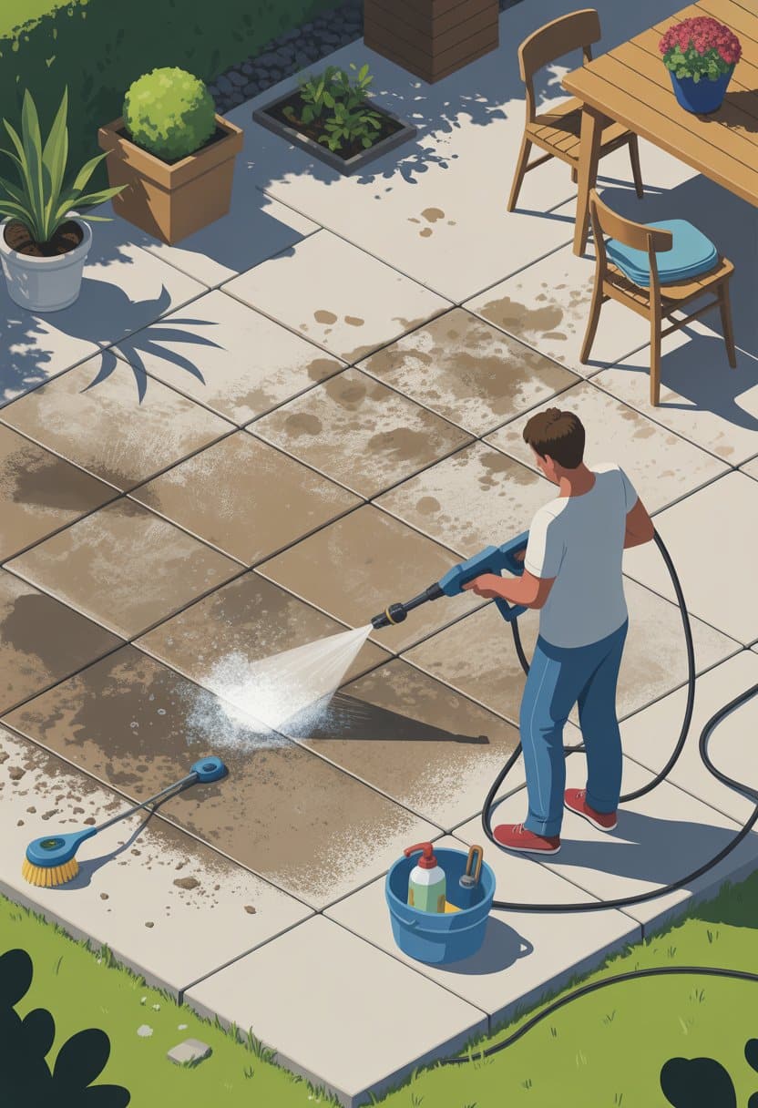 A person cleaning a concrete patio with a pressure washer surrounded by plants and outdoor furniture.