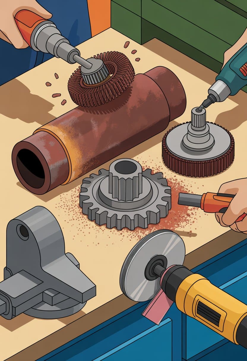 An isometric view of a workshop scene showing mechanical tools like a wire brush drill, rotary tool, and angle grinder removing rust from metal parts on a workbench.