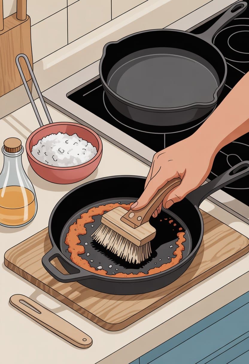 A kitchen scene showing hands scrubbing rust off a cast iron skillet with salt and a brush on a countertop.