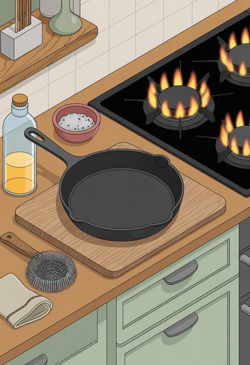 A kitchen scene showing a cast iron skillet being cleaned, oiled, and heated on a stove to restore and season it after rust removal.