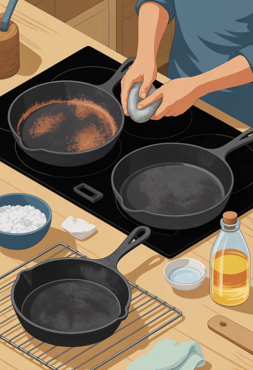 A kitchen countertop with a cast iron skillet being cleaned to remove rust, showing a rusty side and a clean side, with hands scrubbing the skillet and cleaning supplies nearby.