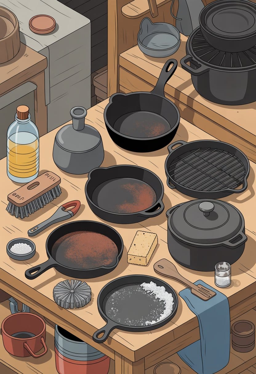 A variety of cast iron cookware on a wooden workbench with cleaning tools like brushes, steel wool, and oil bottles, showing the process of removing rust from the items.