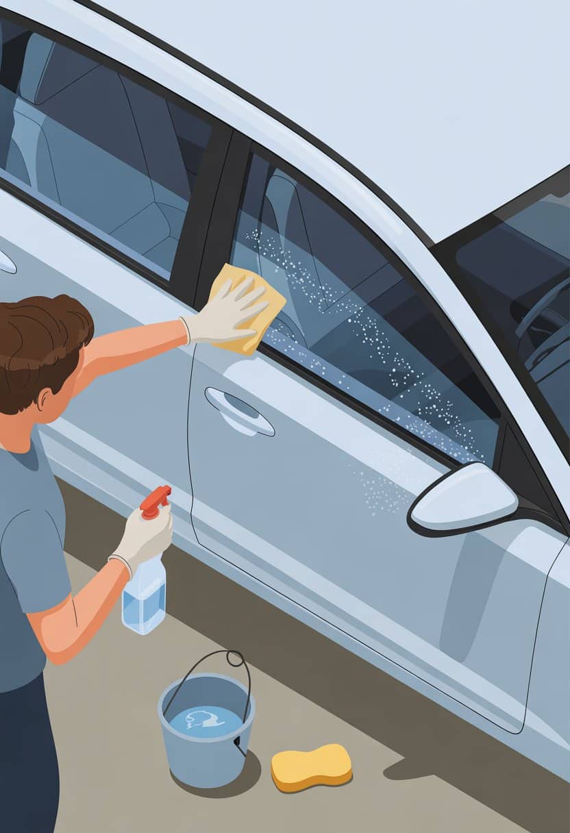 A person cleaning hard water spots from a car window using a cloth and spray bottle, with a bucket and sponge nearby.