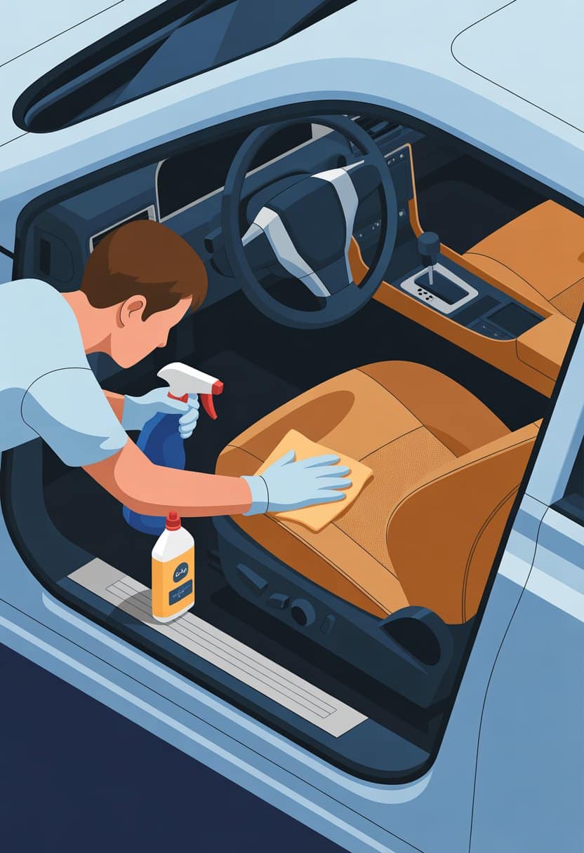 A person cleaning a tan leather car seat inside a car using a cloth and leather cleaner.