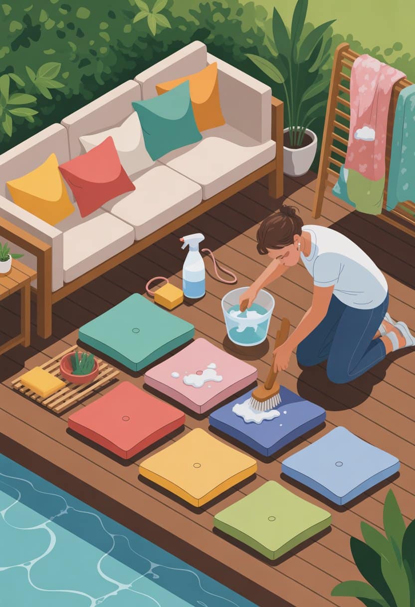 Outdoor patio with a sofa and colorful cushions, a person cleaning a cushion with a brush and soapy water, surrounded by plants and cleaning supplies.