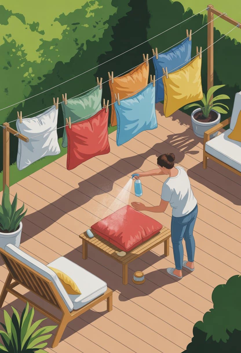 A backyard patio with outdoor cushions hanging on a clothesline to dry and a person cleaning a cushion on a table.