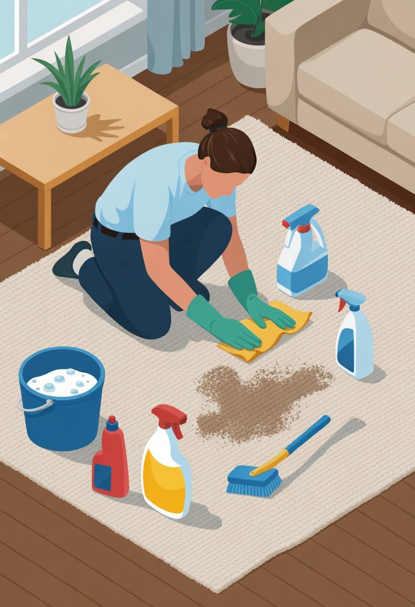 A person cleaning a carpet stain with cleaning supplies in a tidy living room.